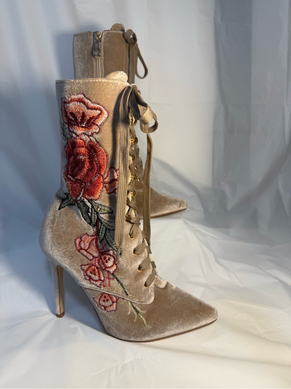 Cape Robbin Taupe Velvet Lace-Up Ankle Boots with Gold Eyelets